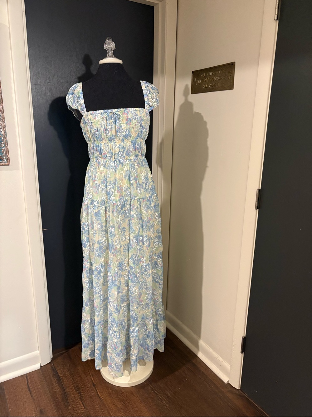 NWT Sabo Skirt Light Blue Floral Maxi Dress with Puff Sleeves
